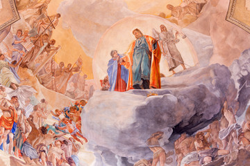 BRESCIA, ITALY - MAY 22, 2016: The detail of fresco of Last Judgment on cupola in church Chiesa di Christo Re by Vittorio Trainini (1936)