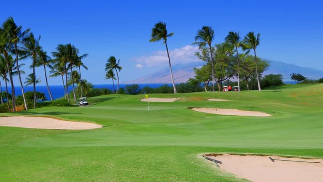 4K Green Golf Course, Tropical Landscape, Palm Trees and Blue Sky and Water