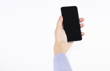 Man's hand holding a smartphone on white background