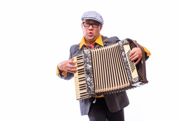 Male singer artist play on accordion on white background