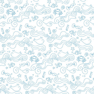 Seamless abstract pattern with waves, whale, fish, seahorse, jellyfish, crab