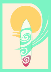 Sunset at the ocean wit wave and paddle board illustration for business