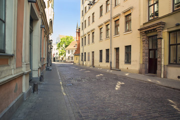 Street without people early in the morning. Europe. Riga
