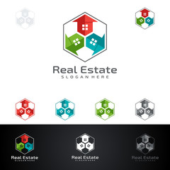 Obraz premium Real estate vector logo design, with colorful home on hexagon line shape represented unique and modern realty