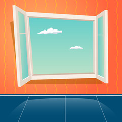 Cartoon Open Window Design Template Retro Background Vector Illustration