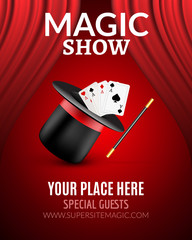 Magic Show poster design template. Magic show flyer design with magic hat and curtains © kolonko