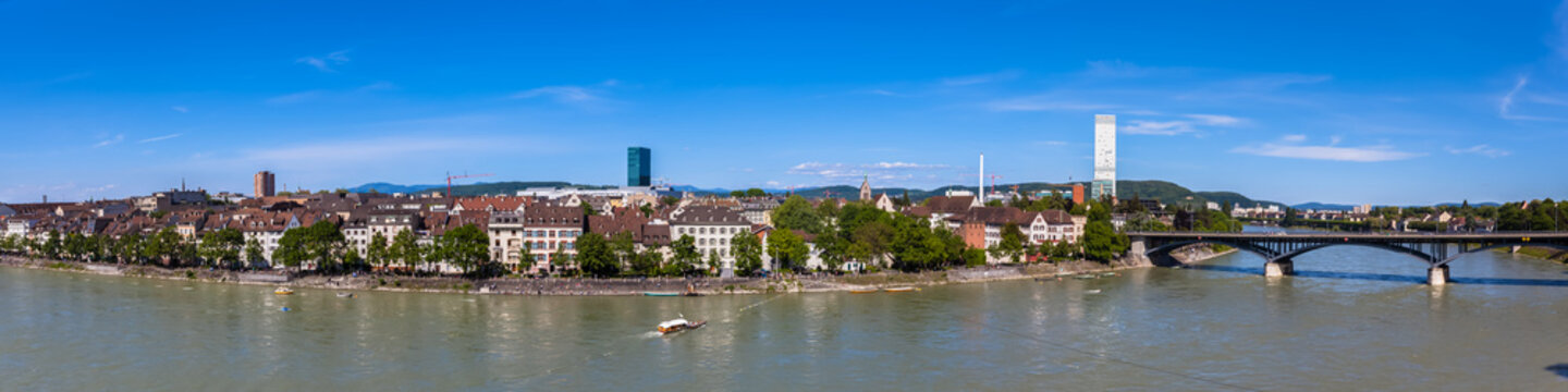 Panorama View Of Basel City And Rhine River.