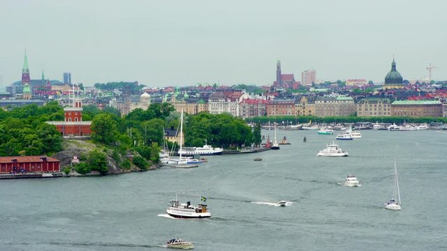 View of central Stockholm and its intense boat traffic.