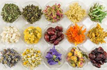 Various dried plants for making perfect tea