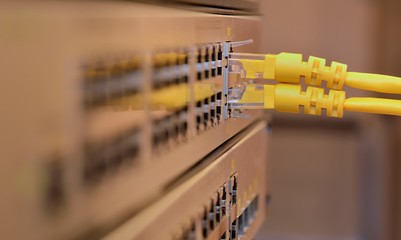 Close-up of network hub and ethernet cables