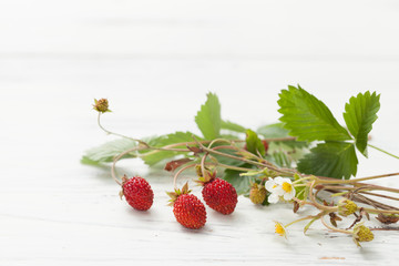 wild strawberry with leaves on white wooden table