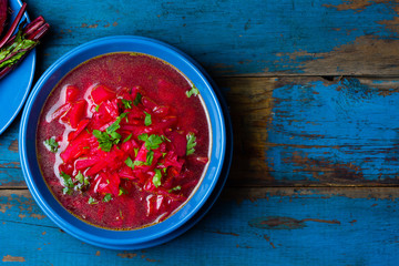 Borsh. Russian and Ucrainian traditional vegetarian red soup. Top view