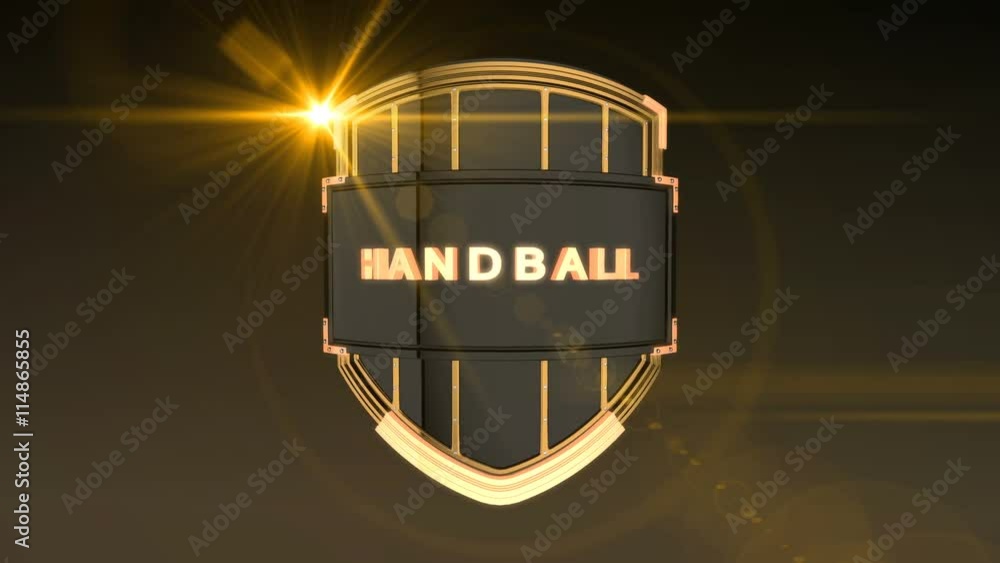 Poster seamless looping 3d animation of the word handball on a shield – orange light version; including alp