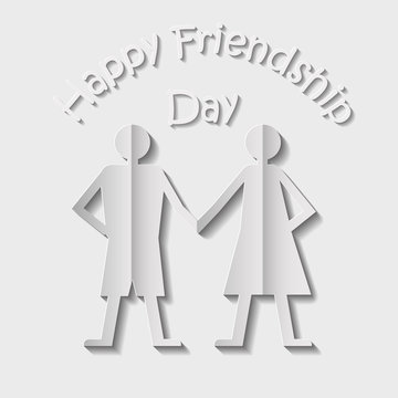 Paper couple of man and woman standing side by side and holding each other hands. Card for happy friendship day made in 3d style.