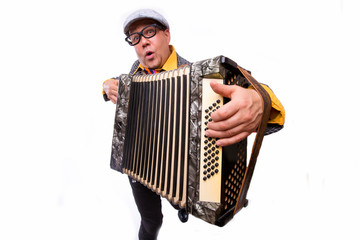 Male singer artist play on accordion on white background