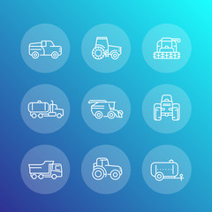 Agricultural machinery line icons set, combine harvester, agricultural vehicles, truck, pickup, vector illustration