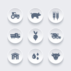Agriculture, farming icons set, harvest, cattle, pigs, hangar, agrimotor, harvester, wheat, vector illustration