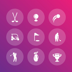 Golf icons set, golf car, clubs, bag, golfer, vector illustration