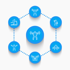 Gym, fitness exercises, training, linear icons set, vector illustration