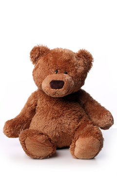 Naklejki Fluffy brown teddy bear isolated on white background