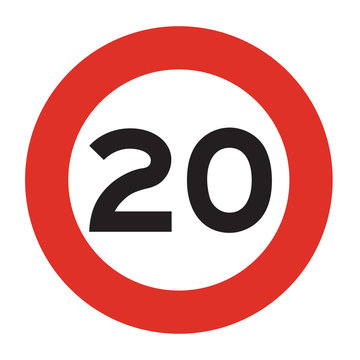 Speed limit road sign. Speed limit 20 icon. Isolated illustration of circle speed limit traffic sign with red border.