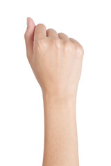 Woman's hand with fist gesture back side, Isolated on white background.