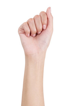 Woman's hand with fist gesture front side, Isolated on white background.