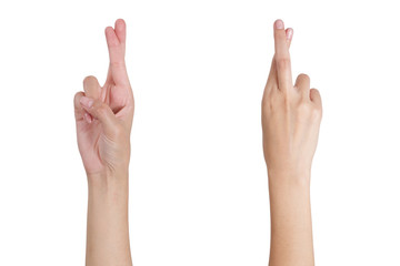 Woman's hands gesturing crossed fingers front and back side, Isolated on white background.