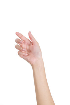Woman's hand holding something empty front side, isolated on white background.