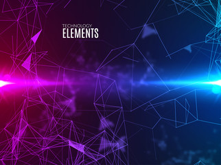 Abstract polygonal techno background. Futuristic style card. Business presentations. Lines, point, planes in 3d space. Cybernetic dots, creative banner.