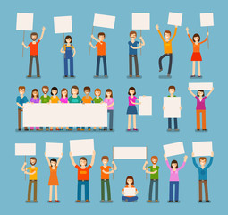 set of people with blank white banner in various action. Simple and flat design. Vector illustration