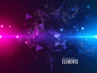 Abstract polygonal techno background. Futuristic style card. Business presentations. Lines, point, planes in 3d space. Cybernetic dots, creative banner.