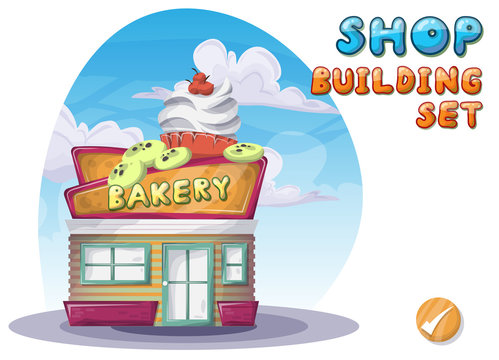 Cartoon vector bakery shop for game and animation, game design asset
