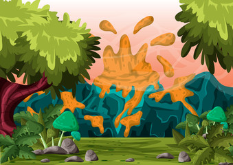 cartoon vector volcano background with separated layers for game and animation, game design asset