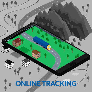 vector illustration. Online tracking of delivery on the screen of the mobile phone on the map. Truck. Isometric, infographics, 3D