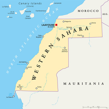 Western Sahara political map with capital Laayoune, national borders, important places and rivers. A disputed territory in the Maghreb region of North Africa. Illustration with English labeling.
