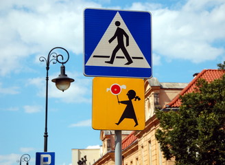 Road signs "Pedestrian crossing" and "Children", Warsaw, Poland