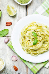 Avocado spinach basil pecan pesto pasta