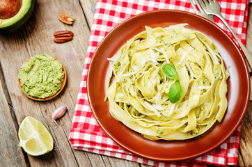Avocado spinach basil pecan pesto pasta