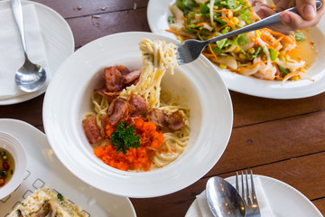 carbonara with ham pasta internal food