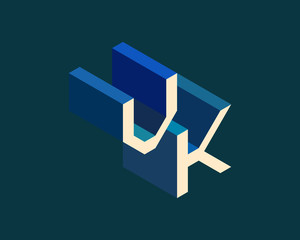VK isometric 3D letter logo. three-dimensional stock vector alphabet font typography design.