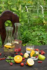 Two glasses and two bottles with drink of mint and berries