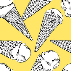 Image of a ice cream cone on yellow background. Vector illustration.