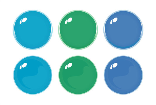 Illustration of icon bottons isolated on white. Set of light blue, green, blue color labels, 6 bottons. Multi-colored glass balls. Vector 