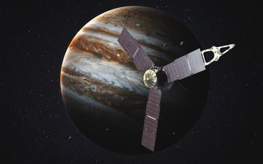 Juno spacecraft and Jupiter. Elements of this image furnished by NASA