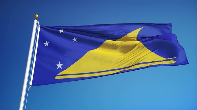 Tokelau flag waving in slow motion against clean blue sky, seamlessly looped, close up, isolated on alpha channel with black and white luminance matte, perfect for film, news, digital composition