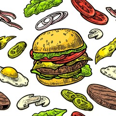 Seamless pattern burger include cutlet, tomato, cucumber and salad.