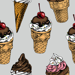 Seamless pattern with the image of the ice cream. Vector illustration.