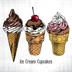 Set of a retro images of ice cream. Vector illustration.