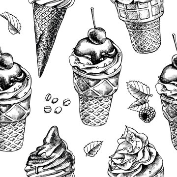 Seamless pattern with image of the ice cream cone with berry. Vector black and white illustration.